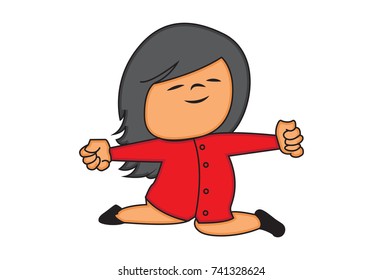 Cute Girl Character stretching. Vector Illustration. Isolated on white background.