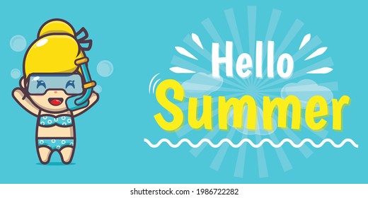 cute girl character with summer greeting banner