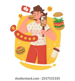 A cute girl character taking selfie while eating burger, Food vlogger live review, Vector illustration