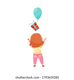 Cute Girl Character Throwing Gift Box with Balloons Vector Illustration