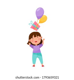 Cute Girl Character Throwing Gift Box with Balloons Vector Illustration