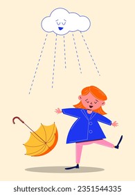 Cute girl character with umbrella in the rain. Vector illustration in vintage style. Retro aesthetics of the 60s, 70s.