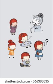 cute girl character vector set  in different poses. simple flat design.water color illustration.