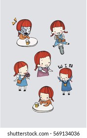 cute girl character vector set  in different poses. simple flat design.water color illustration.
