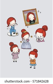 cute girl character vector set  in different poses. simple flat design.water color illustration.