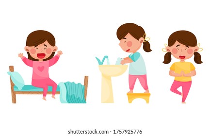 Cute Girl Character Waking Up, Cleaning Up and Doing Yoga Vector Illustrations Set