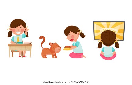 Cute Girl Character Watching Cartoon Film, Sitting at School Desk and Feeding Cat Vector Illustrations Set