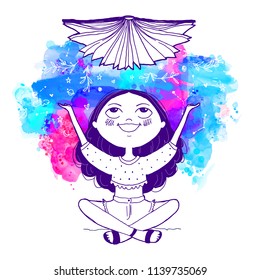 Cute girl character with watercolor. Sits and reads book, Imagination. Hand drawn Vector illustration.