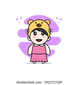 Cute girl character wearing beaver costume. Mascot design concept