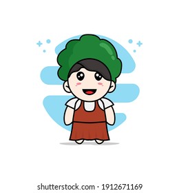 Cute girl character wearing broccoli costume. Mascot design concept