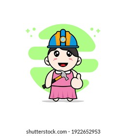 Cute girl character wearing builder costume. Mascot design concept