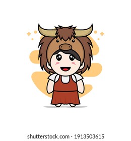 Cute girl character wearing bull costume. Mascot design concept