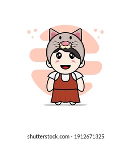 Cute girl character wearing cat costume. Mascot design concept