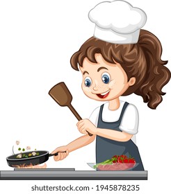 Cute girl character wearing chef hat cooking food illustration