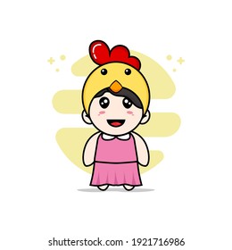 Cute girl character wearing chicken costume. Mascot design concept