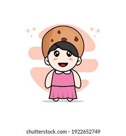 Cute girl character wearing cookies costume. Mascot design concept