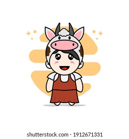Cute girl character wearing cow costume. Mascot design concept