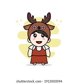 Cute girl character wearing deer costume. Mascot design concept