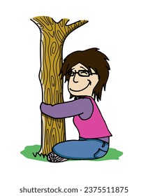 Cute girl character wearing glasses sitting on ground smiling and hugging a tree. Colorful cartoon style vector illustration isolated on white background.