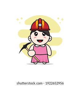 Cute girl character wearing miners costume. Mascot design concept