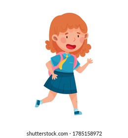 Cute Girl Character Wearing School Uniform and Backpack Running to School Vector Illustration