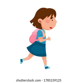 Cute Girl Character Wearing School Uniform and Backpack Running to School Vector Illustration