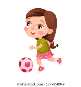 Cute Girl Character Wearing Trainers Playing Football Vector Illustration