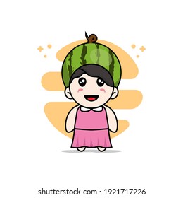 Cute girl character wearing watermelon costume. Mascot design concept