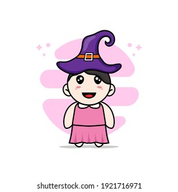 Cute girl character wearing witch hat. Mascot design concept