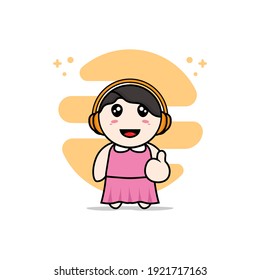 Cute girl characters using headphones. Mascot design concept