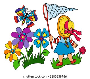 Cute girl is chasing the butterfly in the park. Colored vector for card or gift. 