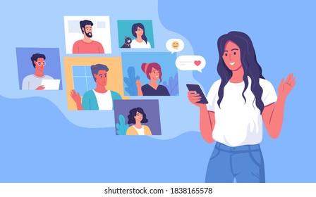 Cute girl chatting with her friends online. Cartoon young people characters vector design. Remote communication and internet technology 