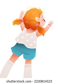 Cute girl cheering, hands up and looking view from the back, smiling happily. Joyful kids cartoon with a girl wearing shorts dress. Childhood joy isolated clipart illustration for children.