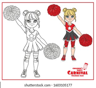 Cute girl in a cheerleader costume with big pompons color and outlined for coloring page