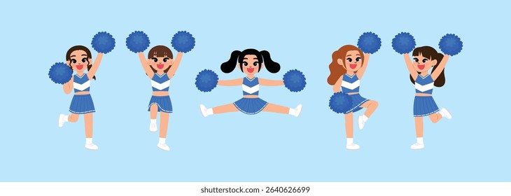 cute girl in cheerleading blue uniform, smile cheerleader dance and jump, cheerful support sport game, smile cheerleader girl with pom-pom entertain and cheering competition sport day illustration