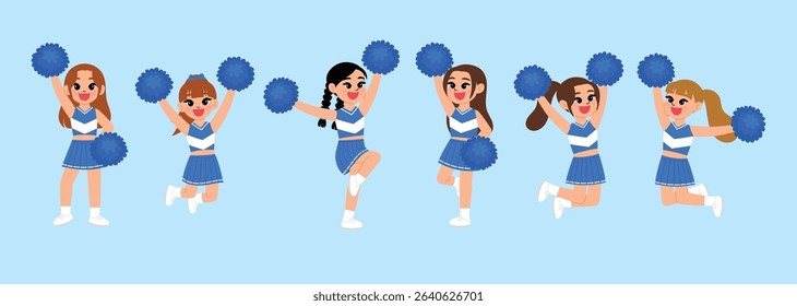 cute girl in cheerleading blue uniform, smile cheerleader dance and jump, cheerful support sport game, smile cheerleader girl with pom-pom entertain and cheering competition sport day illustration
