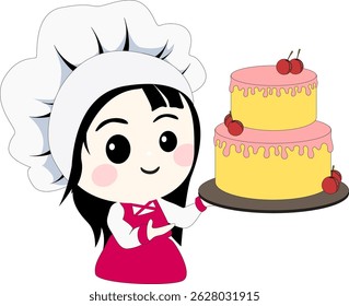 Cute girl as a chef in a cake bakery