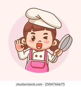 Nettes Mädchen Chef Koch Chibi Kawaii Charakter Maskottchen Design Restaurant Café Shop Logo Umriss Stil Set