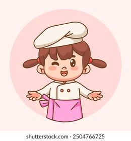 Cute girl chef cook chibi kawaii character mascot design restaurant cafe shop logo outline style set