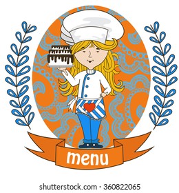 cute girl chef cook with delicious cake on a tray .menu. background pattern of branches with leaves on the sides. logo. vector. pink.