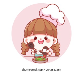 Cute girl chef Cooking in kitchen banner logo cartoon art illustration