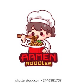 Cute girl chef eating a cup of spicy noodles mascot logo