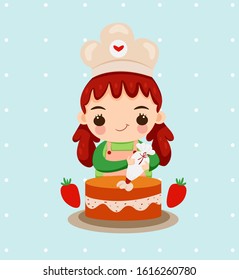 cute girl with chef hat baking cake with strawberry fruit for Bakery shop logo