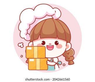 Cute girl chef holding cardboard box banner logo cartoon art illustration