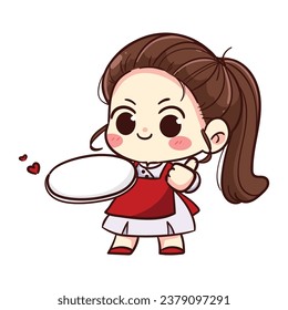 Cute girl chef holding a plate logo banner cartoon drawing vector illustration