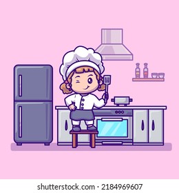 Cute Girl Chef Holding Spatula In Kitchen Cartoon Vector Icon Illustration. People Food Icon Concept Isolated Premium Vector. Flat Cartoon Style