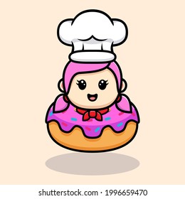 Cute girl chef inside donut mascot design