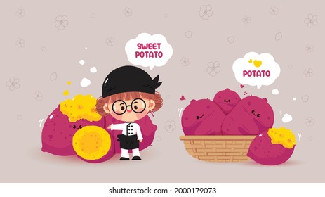 Cute Girl Chef And Japanese Sweet Potato Cartoon Art Illustration