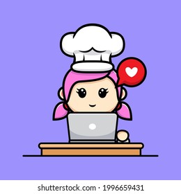Cute girl chef with laptop mascot design