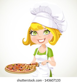 Cute girl chef offers a taste of pizza isolated on white background